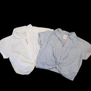 2 Lucky Brand Classic Knotted Cropped Collared Shirts White Blue Sz M NWT Preppy
